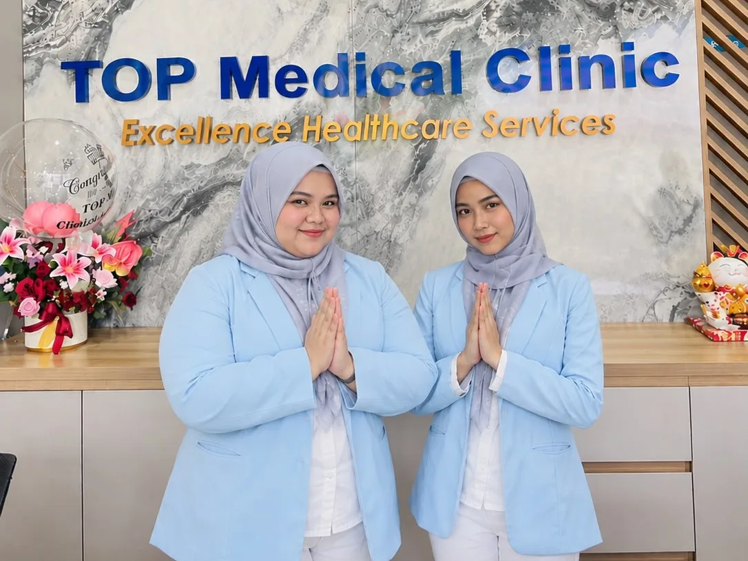 Staf resepsionis TOP Medical Clinic menyambut pasien di depan logo klinik